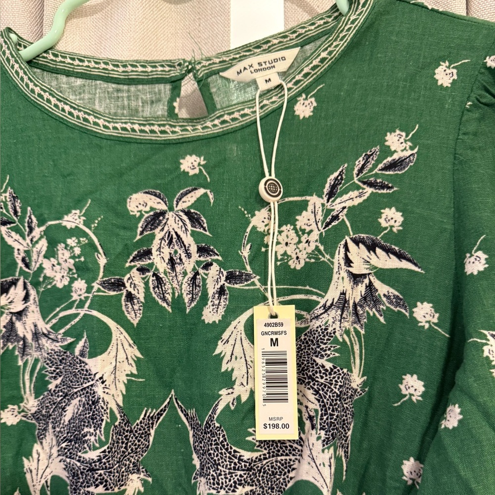 Max Studio Green Floral Long-Sleeve Linen Blend Midi Dress M - Picture 3 of 3